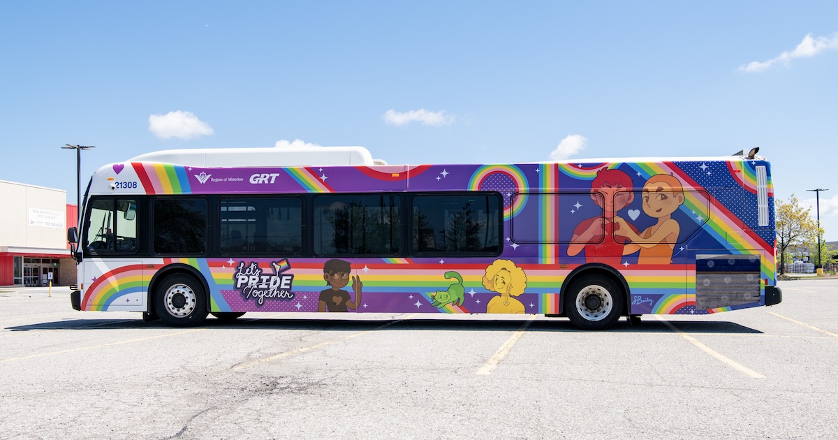 GRT bus with Pride themed artistic livery