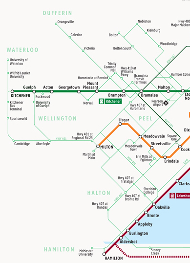A portion of GO Transit's current rail and bus network.