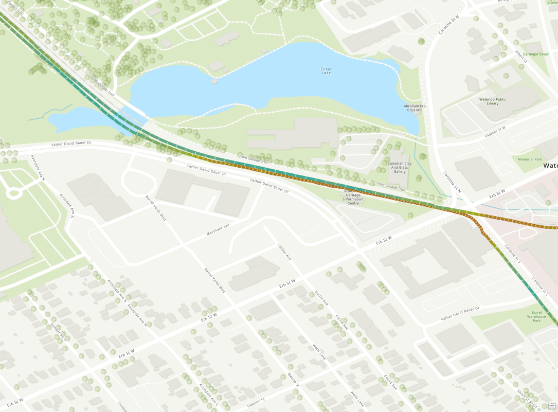Map showing slower speeds approaching Erb/Caroline and departing southbound