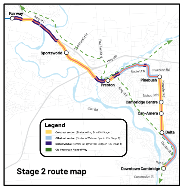 Map showing over half of the stage 2 route as off-street or grade-separated alignments