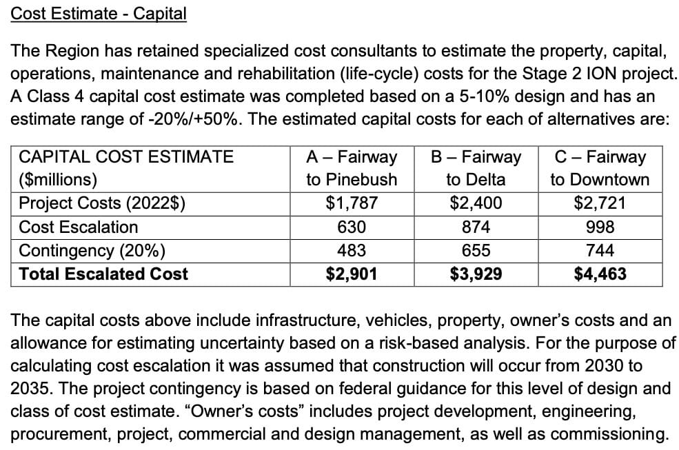 Cost Estimate - Capital section from the linked report, showing project costs, cost escalation, and 20% contingency for three length options, the longest of which has an escalated cost of $4,463m, assuming construction between 2030 and 2035.