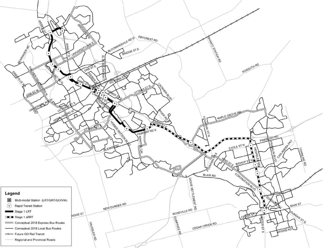 Phased LRT plan map showing the LRT from Waterloo to Kitchener, with adapted BRT from Fairview Park Mall to Cambridge.