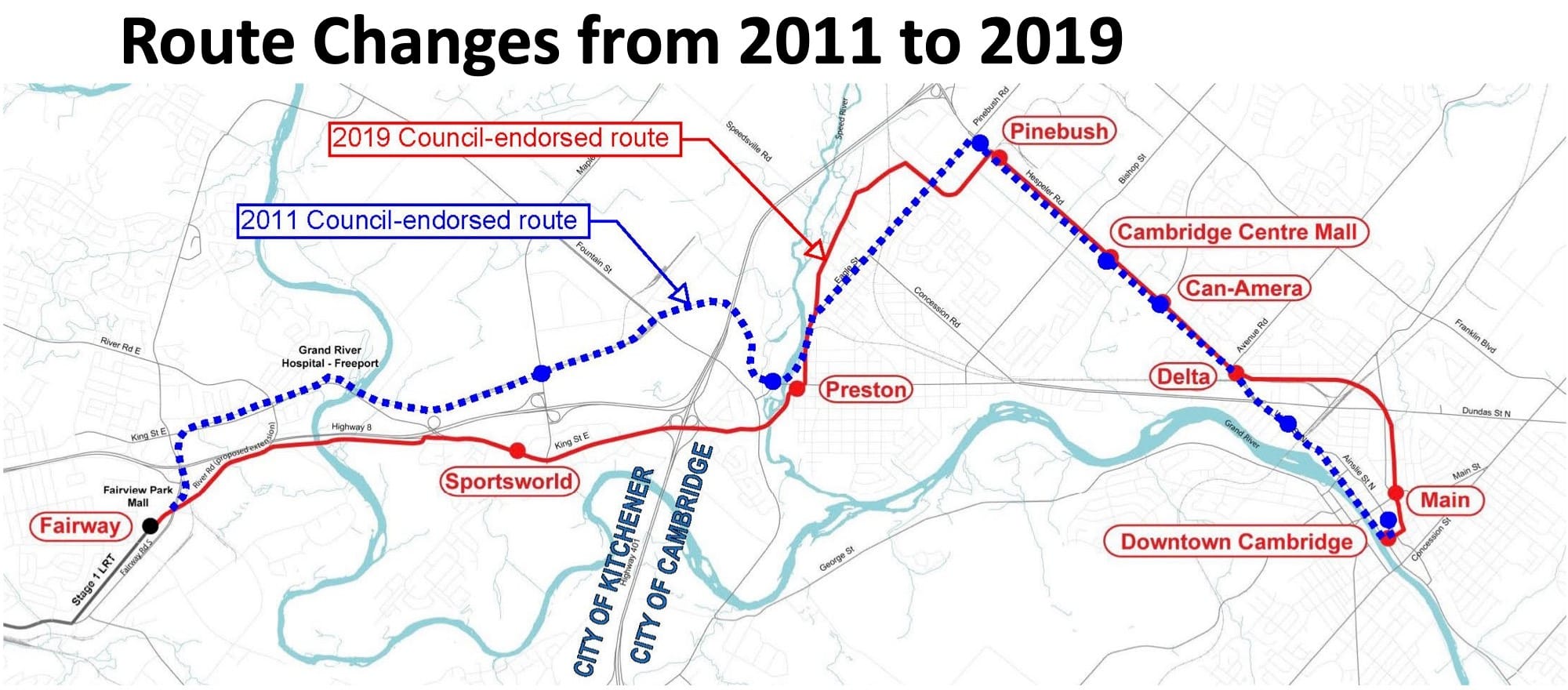 Map of route changes from 2011 to 2019.