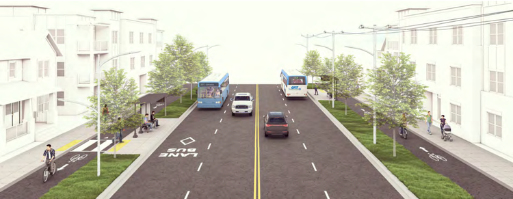 Urban Avenue Street Characteristics - street cross section with mid-rise buildings, sidewalks, one-way cycle tracks, a boulevard strip, and a 4 lane roadway with curbside bus lanes.