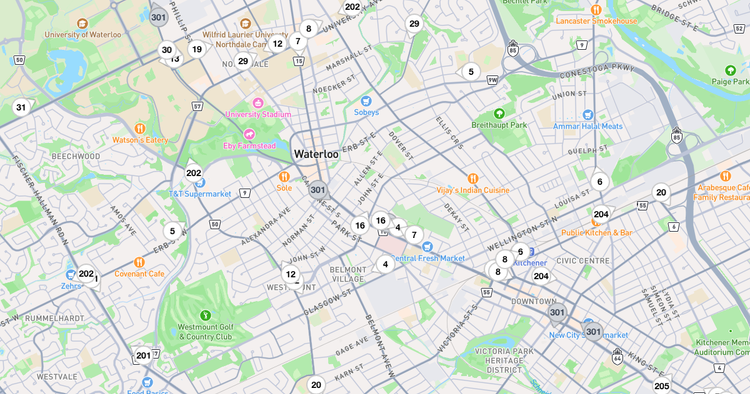 Map showing vehicle locations of 20+ GRT buses and ION trains in the central parts of Kitchener-Waterloo