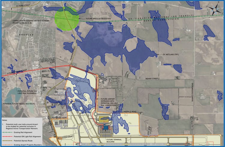 Map with: future Breslau GO, Ottawa St extension, future airport entrance with potential ION light rail connection, and potential iXpress bus route along Fountain & Victoria