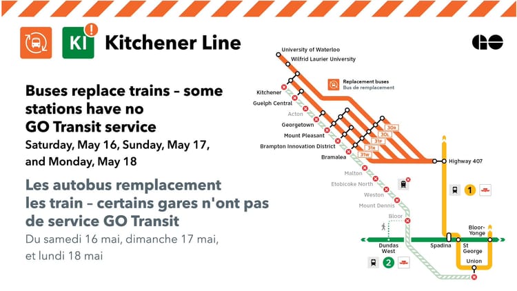 GO Transit announcement of buses replacing trains on the Kitchener Line