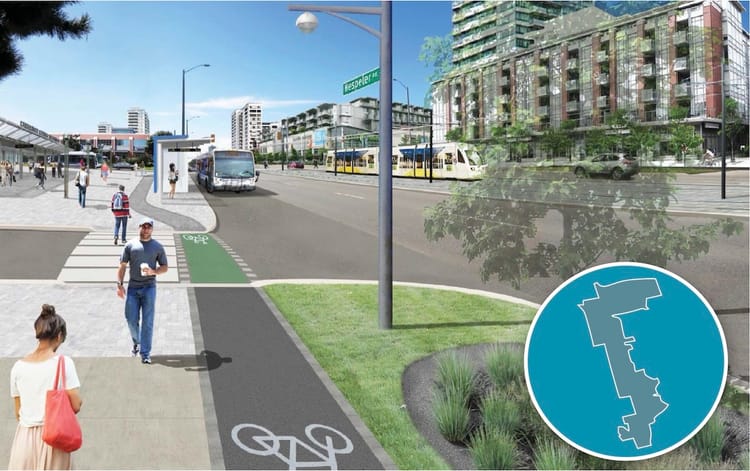 Rendering of a street with 4 traffic lanes, light rail down the middle, wide sidewalks, and one-way protected bike lanes with nearby bus terminal and mid- and high-rise mixed-use buildings