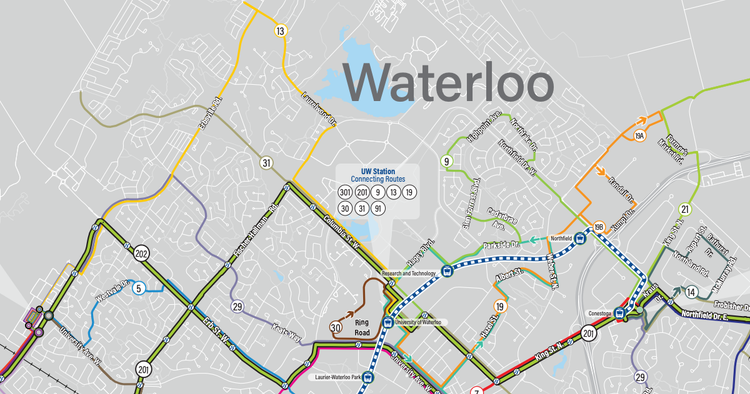 GRT map showing Waterloo area routes including 9, 13, and 19