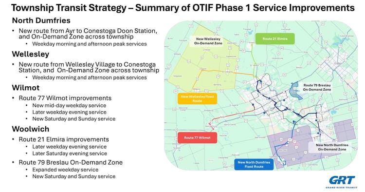 GRT's phase 1 of Township Transit Strategy - new routes in North Dumfries and Wellesley, improvements in Wilmot, Elmira, and Breslau