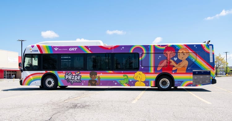 GRT bus with Pride themed artistic livery