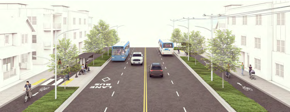 Urban Avenue Street Characteristics - street cross section with mid-rise buildings, sidewalks, one-way cycle tracks, a boulevard strip, and a 4 lane roadway with curbside bus lanes.