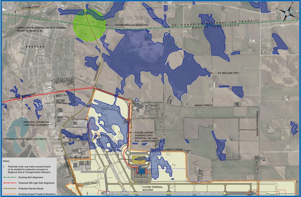 Map with: future Breslau GO, Ottawa St extension, future airport entrance with potential ION light rail connection, and potential iXpress bus route along Fountain & Victoria