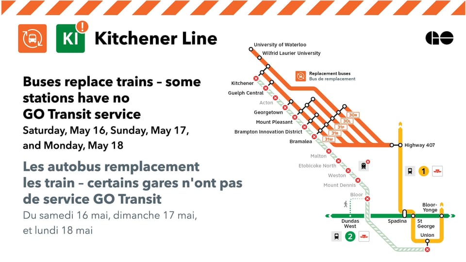 GO Transit announcement of buses replacing trains on the Kitchener Line