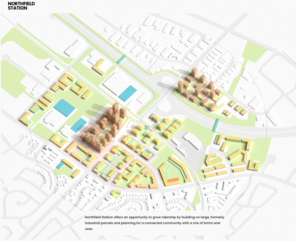 Rendering showing new buildings on blocks near Northfield Station, with taller buildings closer to the line.