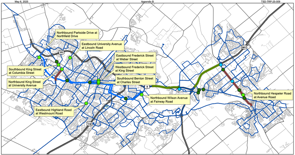 Map of proposed GRT queue jump locations and signal priority corridors