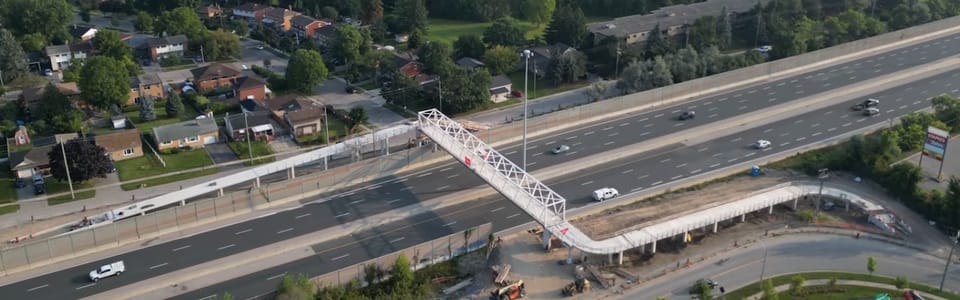 Aerial view of new pedestrian bridge over Highway 7/8